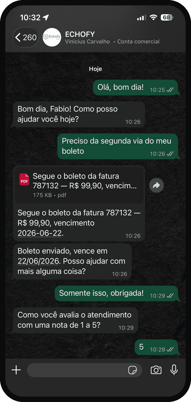 Conversa no WhatsApp: a Echofy resolvendo a segunda via e o PIX do assinante